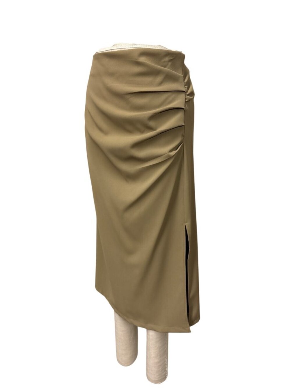 Chicwish Ruched Beige Midi Skirt With Side Slit - Polyester Material Elegant Fem